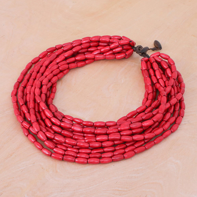 Wood beaded necklace, 'Glorious You in Red' - Hand Made Beaded Wood Multi-Strand Necklace