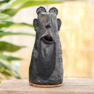 Ceramic statuette, 'Brave Man' - Handmade Ceramic and Teak Wood Statuette