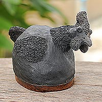 Ceramic statuette, 'Chicken Art' - Ceramic and Teak Wood Chicken Statuette