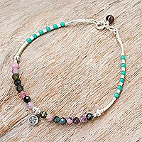 Tourmaline and garnet charm bracelet, 'Daisy Petals' - Tourmaline and Garnet Beaded Charm Bracelet