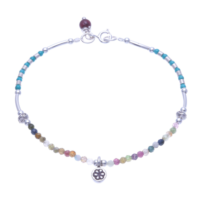 Tourmaline and garnet charm bracelet, 'Daisy Petals' - Tourmaline and Garnet Beaded Charm Bracelet