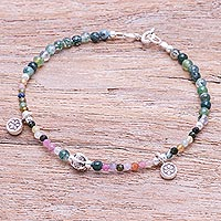 Tourmaline and agate charm bracelet, 'Natural Mind in Green' - Tourmaline and Agate Beaded Charm Bracelet