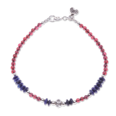 Lapis lazuli and garnet charm bracelet, 'Bright Mind in Red' - Lapis Lazuli and Garnet Beaded Charm Bracelet