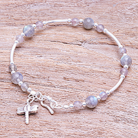 Labradorite charm bracelet, 'Mystic Wings' - Labradorite and Karen Silver Dragonfly Charm Bracelet