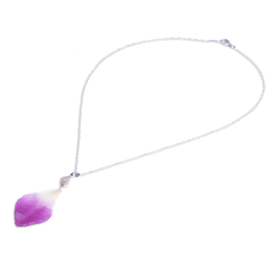 Orchid petal pendant necklace, 'Bloom Basket in Purple' - Hand Made Orchid Petal Pendant Necklace