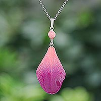 Orchid petal pendant necklace, 'Bloom Basket in Fuchsia' - Resin-Coated Orchid Petal Pendant Necklace