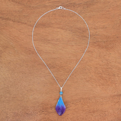 Orchid petal pendant necklace, 'Bloom Basket in Blue' - Blue and Purple Orchid Petal Pendant Necklace