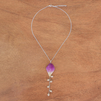 Orchid petal pendant necklace, 'Bloom Balloon in Purple' - Hand Crafted Orchid Petal Pendant Necklace