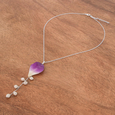 Orchid petal pendant necklace, 'Bloom Balloon in Purple' - Hand Crafted Orchid Petal Pendant Necklace