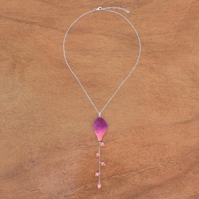 Orchid petal pendant necklace, 'Bloom Balloon in Fuchsia' - Sterling Silver and Orchid Petal Pendant Necklace