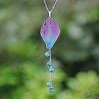 Orchid petal pendant necklace, 'Bloom Balloon in Blue' - Artisan Crafted Orchid Petal Pendant Necklace