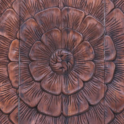 Teak wood relief panel, 'Classic Lotus' (set of 5) - Reclaimed Teak Wood Lotus-Motif Relief Panel (Set of 5)