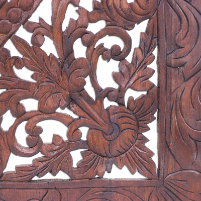 Teak wood relief panel, 'Classic Lotus' (set of 5) - Reclaimed Teak Wood Lotus-Motif Relief Panel (Set of 5)