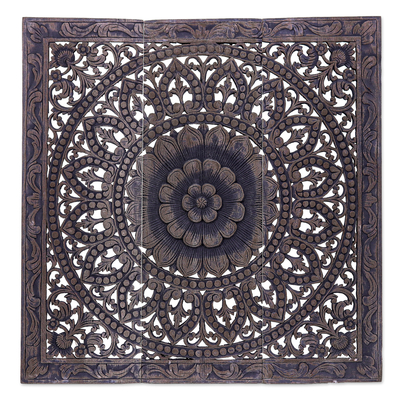 Reclaimed teak wood relief panels, 'Unfolding Lotus' (set of 3) - Handmade Reclaimed Teak Wood Relief Panels (Set of 3)