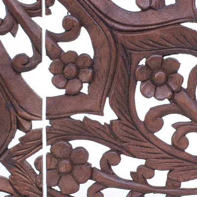 Reclaimed teak wood relief panels, 'Modern Lotus' (set of 4) - Hand Carved Teak Wood Relief Panels (Set of 4)