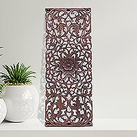 Reclaimed teak wood relief panel, 'Lotus Charm' - Artisan Crafted Teak Wood Relief Panels (Set of 3)