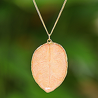 Gold-plated natural bougainvillea petal pendant necklace, 'Bougainvillea Love'