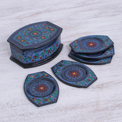 Lacquerware wood coasters, 'Winter Flora' (set of 5) - Thai Lacquerware Mango Wood Coasters (Set of 5)