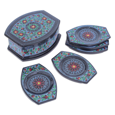 Lacquerware wood coasters, 'Winter Flora' (set of 5) - Thai Lacquerware Mango Wood Coasters (Set of 5)