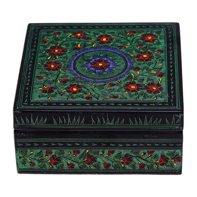 Decorative lacquerware box, 'Happy Garden' - Decorative Lacquerware Mango Wood Box