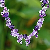 Amethyst and quartz beaded necklace, 'Violet Daydream' - Handmade Amethyst and Quartz Beaded Necklace