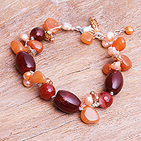 Multi-gemstone beaded bracelet, 'Sunset Beach' - Carnelian and Freshwater Pearl Beaded Bracelet