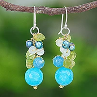 Multi-gemstone dangle earrings, 'Earth from Space' - Peridot and Cultured Pearl Dangle Earrings