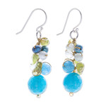 Multi-gemstone dangle earrings, 'Earth from Space' - Peridot and Cultured Pearl Dangle Earrings