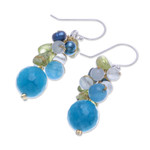 Multi-gemstone dangle earrings, 'Earth from Space' - Peridot and Cultured Pearl Dangle Earrings