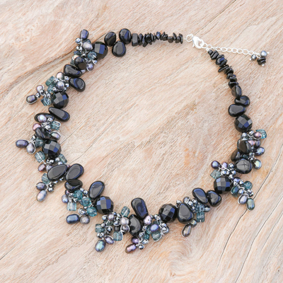 Multi-gemstone beaded necklace, 'Wishing Pool' - Handmade Agate and Cultured Pearl Beaded Necklace