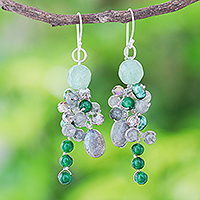 Multi-gemstone dangle earrings, 'Ancient Garden' - Labradorite and Cultured Pearl Dangle Earrings