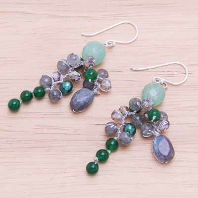 Multi-gemstone dangle earrings, 'Ancient Garden' - Labradorite and Cultured Pearl Dangle Earrings