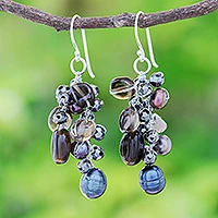 Multi-gemstone dangle earrings, 'Wishing Pool' - Cultured Pearl and Smoky Quartz Dangle Earrings