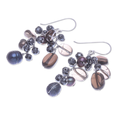 Pendientes colgantes con múltiples piedras preciosas - Aretes colgantes de perlas cultivadas y cuarzo ahumado