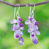 Amethyst and quartz dangle earrings, 'Grape Picking' - Amethyst and Quartz Beaded Dangle Earrings