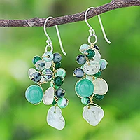 Prehnite and quartz dangle earrings, 'Green Countryside' - Hand Crafted Prehnite and Quartz Dangle Earrings