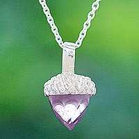 Amethyst pendant necklace, 'Lovely Acorn in Purple' - Sterling Silver and Amethyst Pendant Necklace
