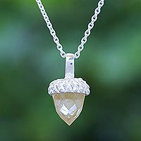 Rutilated quartz pendant necklace, 'Lovely Acorn in Yellow' - Sterling Silver and Quartz Pendant Necklace