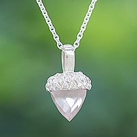 Rose quartz pendant necklace, 'Lovely Acorn in Pink' - Sterling Silver and Rose Quartz Pendant Necklace