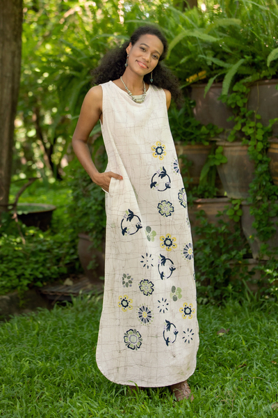 Vestido recto de algodón batik - Vestido largo de algodón batik con motivo floral