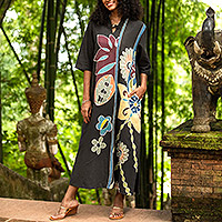 Batik cotton shift dress, 'Relaxed Flora'