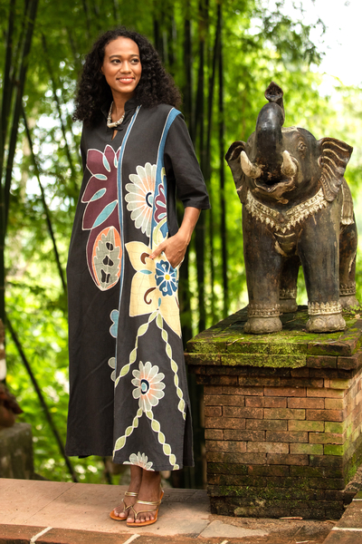 Vestido recto de algodón batik - Vestido recto de algodón batik con motivo floral