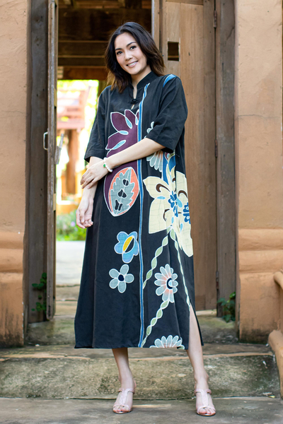 Vestido recto de algodón batik - Vestido recto de algodón batik con motivo floral