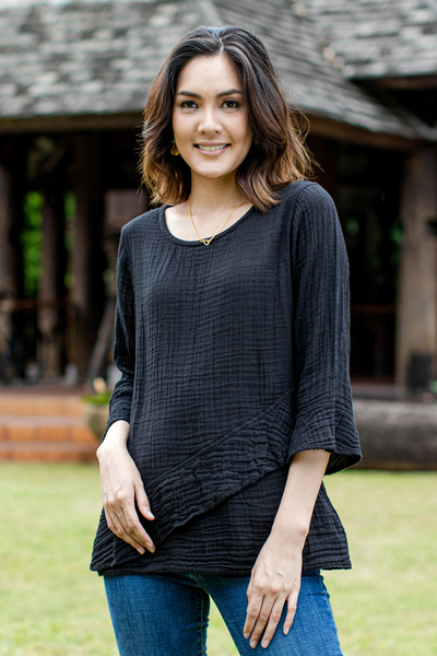 Baumwollbluse - Schwarze Baumwoll-Gaze-Bluse aus Thailand
