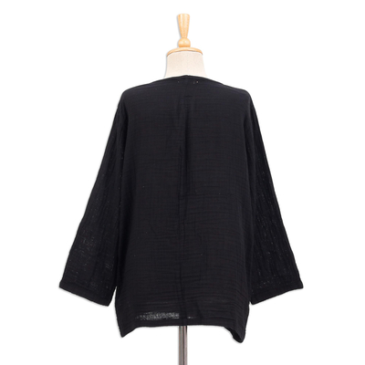 Cotton blouse, 'Black Ruffles' - Black Cotton Gauze Blouse from Thailand