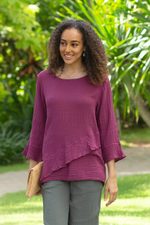 Cotton blouse, 'Mulberry Ruffles' - Asymmetrical Cut Burgundy Cotton Gauze Blouse