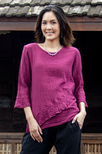 Cotton blouse, 'Mulberry Ruffles' - Asymmetrical Cut Burgundy Cotton Gauze Blouse