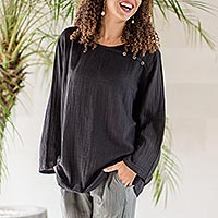 Cotton blouse, 'Modern Look in Black' - Long-Sleeve Cotton Gauze Blouse from Thailand