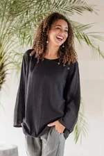 Cotton blouse, 'Modern Look in Black' - Long-Sleeve Cotton Gauze Blouse from Thailand
