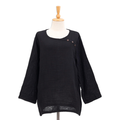 Cotton blouse, 'Modern Look in Black' - Long-Sleeve Cotton Gauze Blouse from Thailand